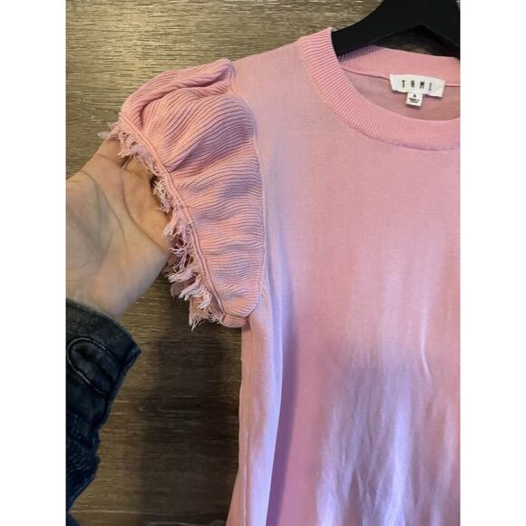 THML Women S Top Tee Shirt Blouse Flutter Raw Hem Sleeve Barbie Pink Preppy Knit - Picture 3 of 7